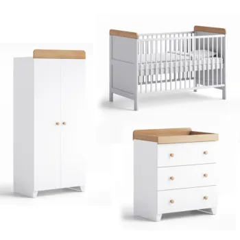 Little Acorns Classic 3 Piece Nursery Furniture Room Set Includes Cot Bed, Dresser & Wardrobe  - White and Oak