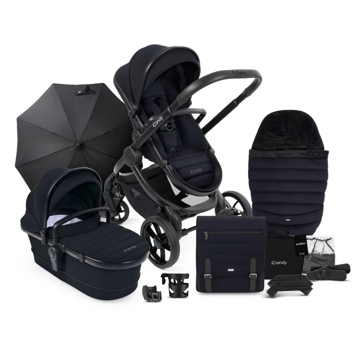 iCandy Peach 7 Pushchair & Carrycot Complete Bundle wiuth a white background.