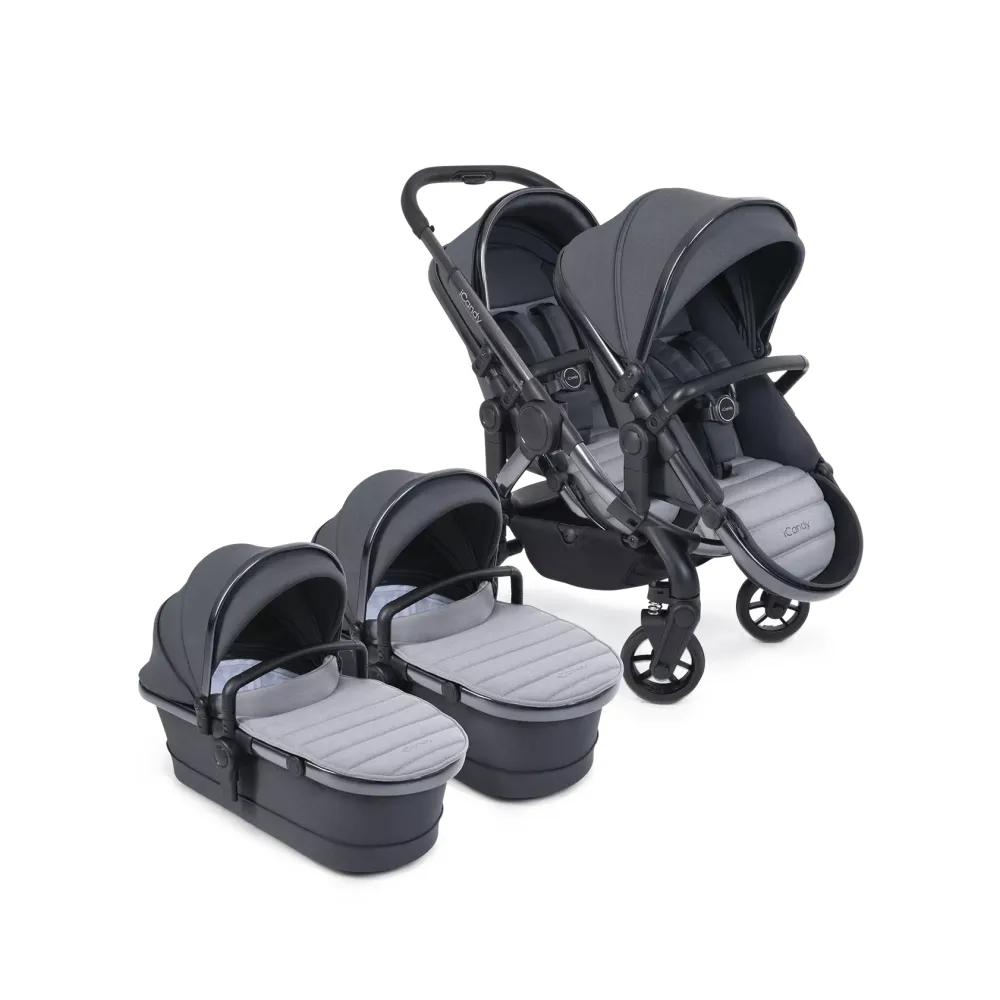 Peach 7 Twin Pushchair with two carrycots & seat units with white background.
