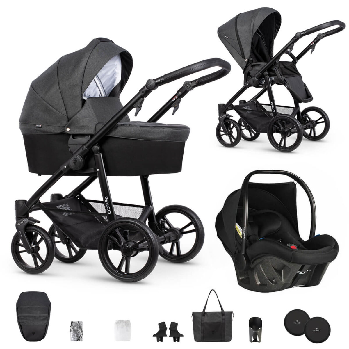 Venicci Genesis 3 in 1 Travel System - Ultralite Bundle with Black Car Seat