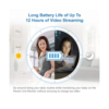 Woman using monitor by day and night, showing 12-hour battery life for video streaming.