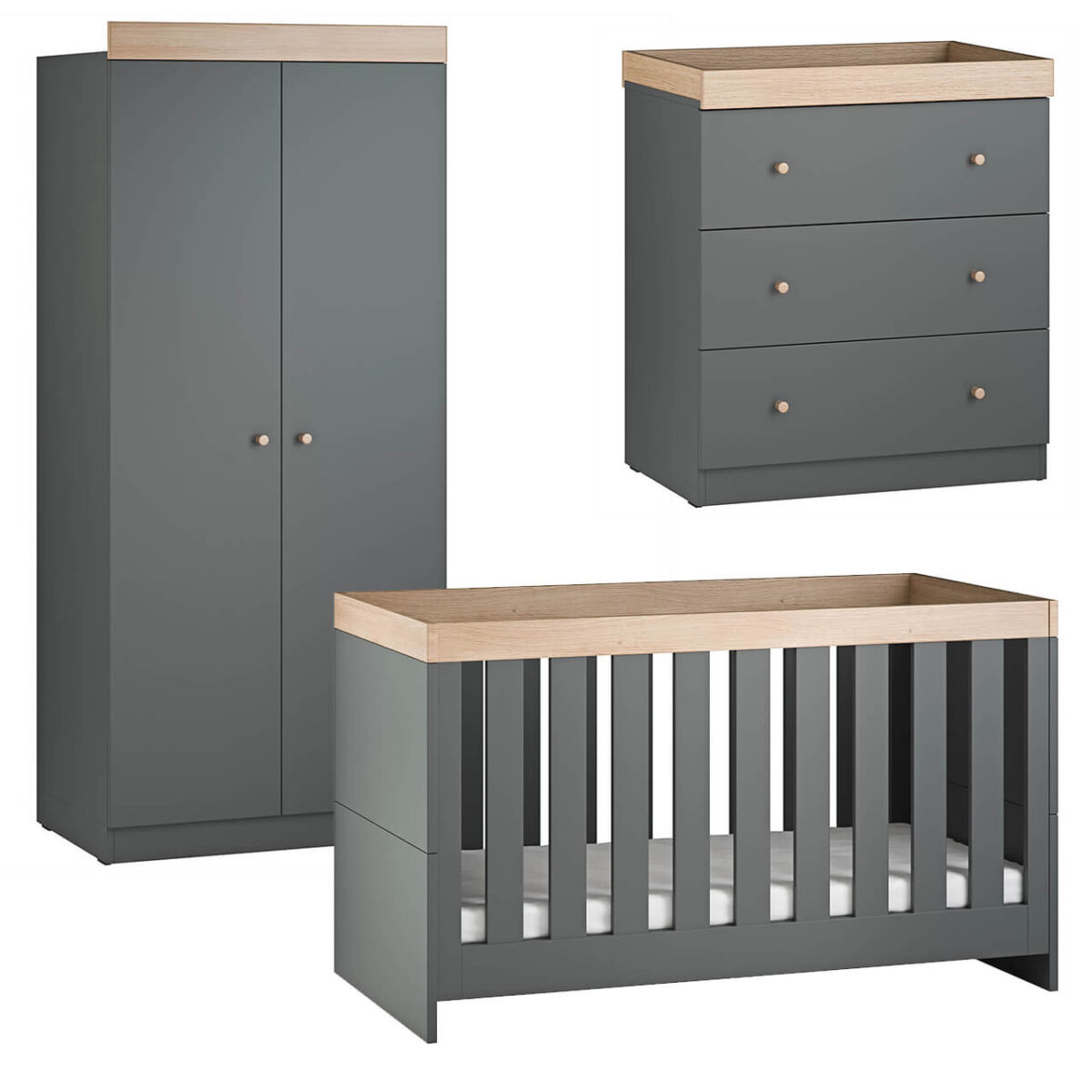 Little Acorns Burlington 3 Piece Nursery Furniture Room Set Includes Cot Bed, Changing Unit And Wardrobe  - Anthracite Grey And Oak