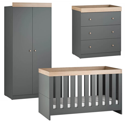 Little Acorns Burlington 3 Piece Nursery Furniture Room Set Includes Cot Bed, Changing Unit And Wardrobe  - Anthracite Grey And Oak