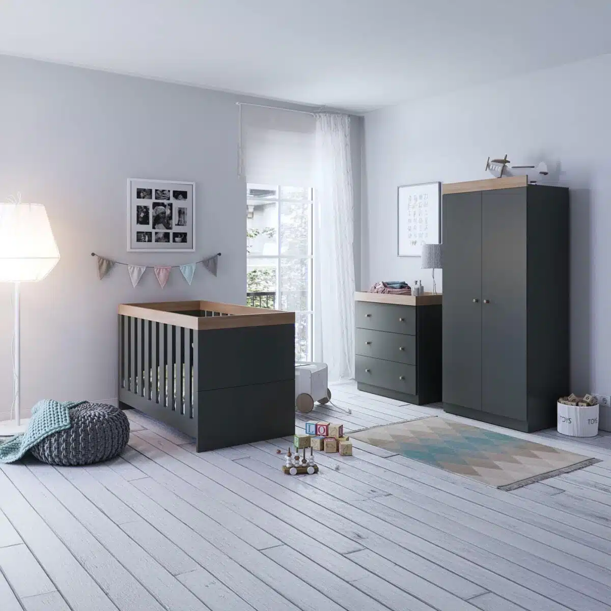 Little Acorns Burlington 3 Piece Nursery Furniture Room Set Includes Cot Bed, Changing Unit And Wardrobe  - Anthracite Grey And Oak - Image 2