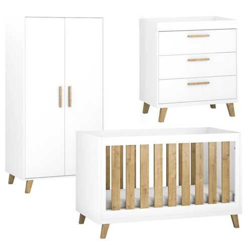Little Acorns Siriana 3 Piece Nursery Furniture Room Set Includes Cot Bed, Changing Unit And Wardrobe - White & Oak