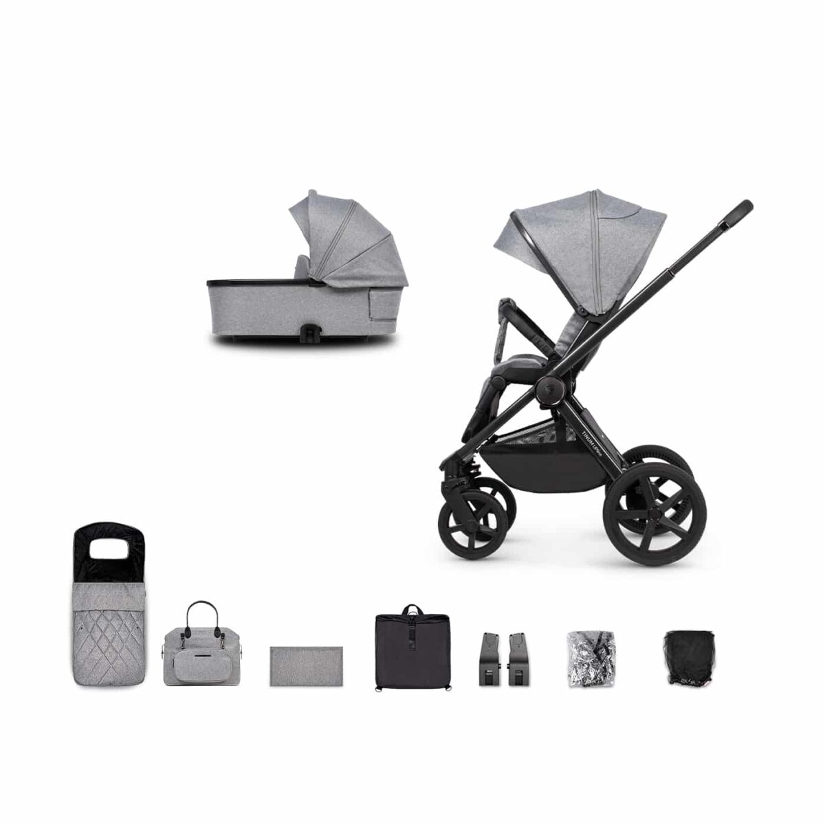 Venicci Upline 2-in-1 Pushchair & Carrycot with Accessories - Classic Grey | 9 Piece Bundle