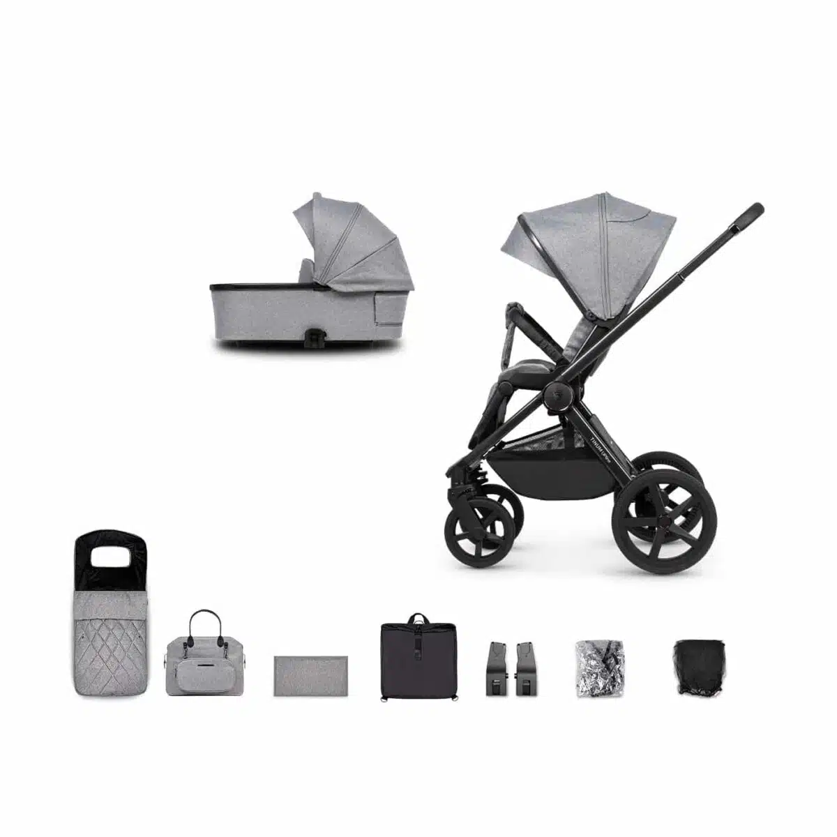 Venicci Upline 2-in-1 Pushchair & Carrycot with Accessories - Classic Grey | 9 Piece Bundle