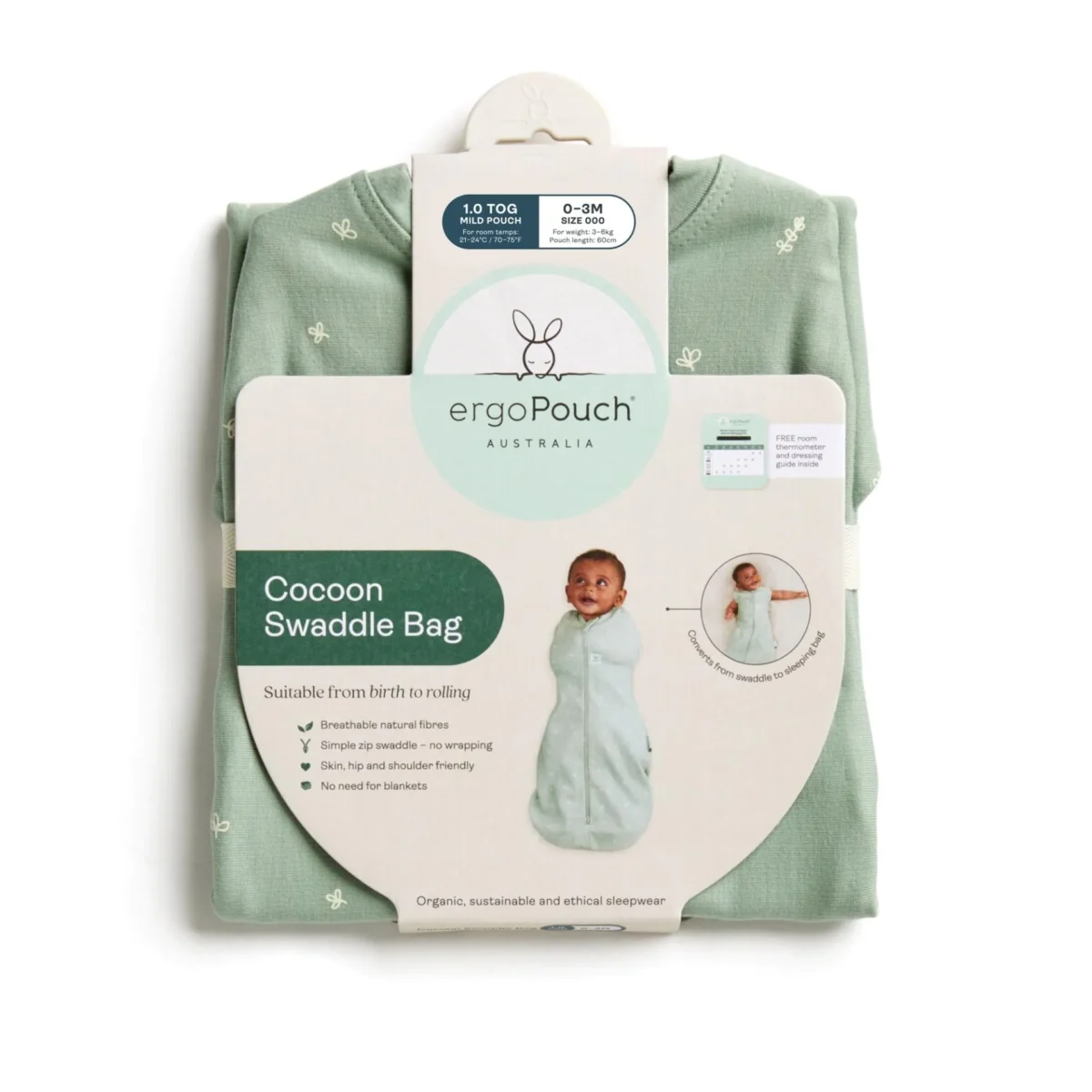 ergoPouch Organic All Year Cocoon Swaddle Sleep Bag 1.0 TOG - Sage - Image 11