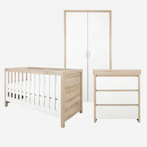Tutti Bambini Modena 3 Piece Nursery Furniture Room Set Includes Cot Bed, Chest Changer And Wardrobe - White/Oak