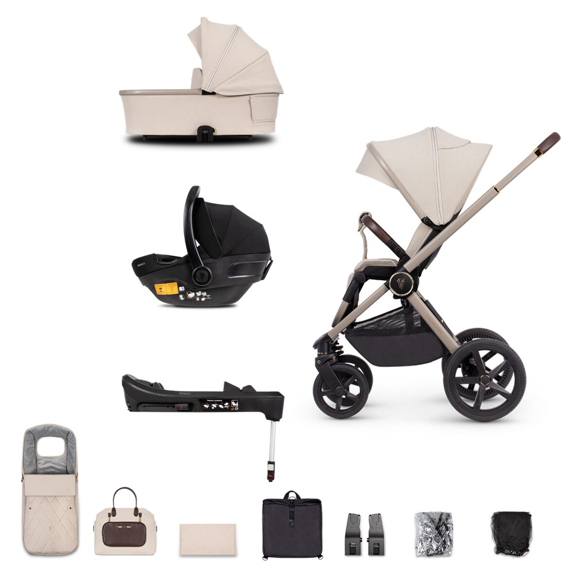 Venicci Upline 3 in 1 Pushchair, Carrycot, Car Seat & Car Seat Base Travel System Bundle | i-size Car Seat | Isofix Base | Stone Beige