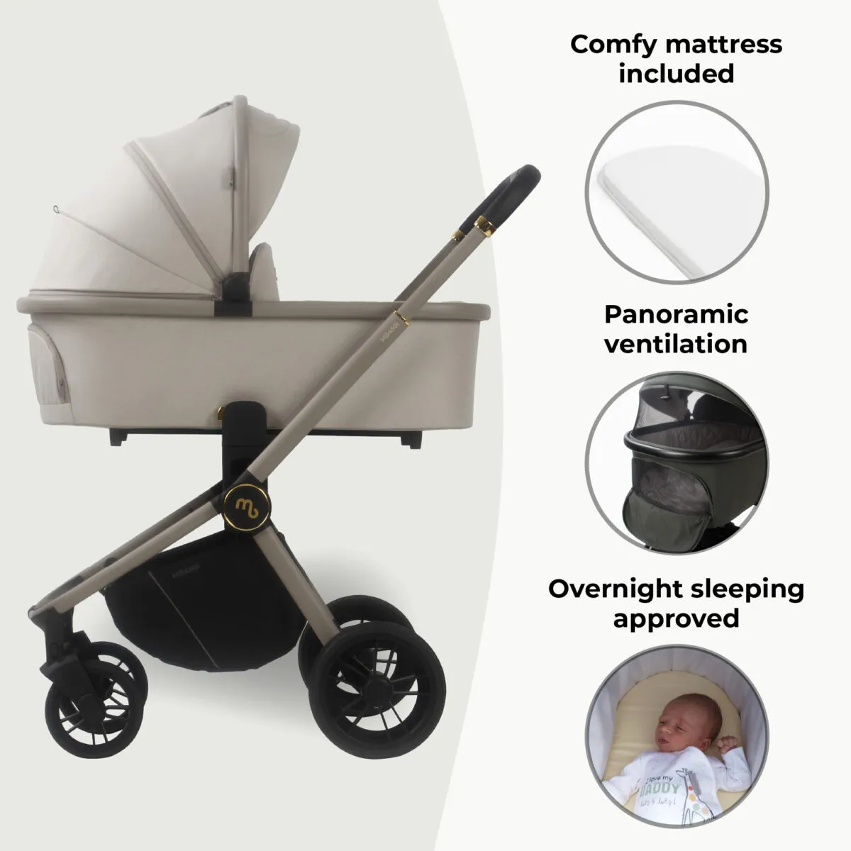 MyBabiie MB450i 3-in-1 Travel System Bundle Includes Pushchair, Carrycot & i-Size Car Seat - Ivory - Image 3