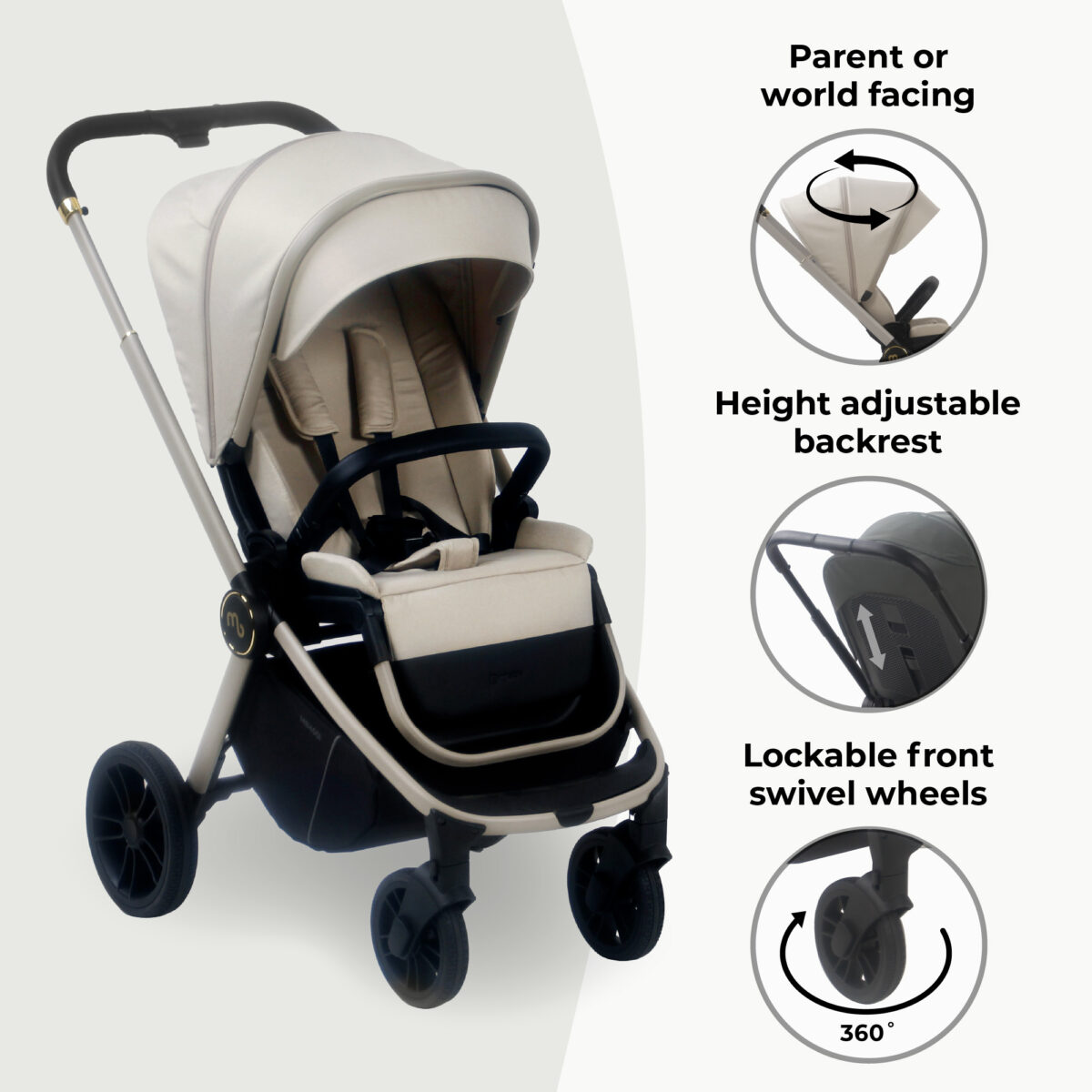 MyBabiie MB450i 3-in-1 Travel System Bundle Includes Pushchair, Carrycot & i-Size Car Seat - Ivory - Image 8