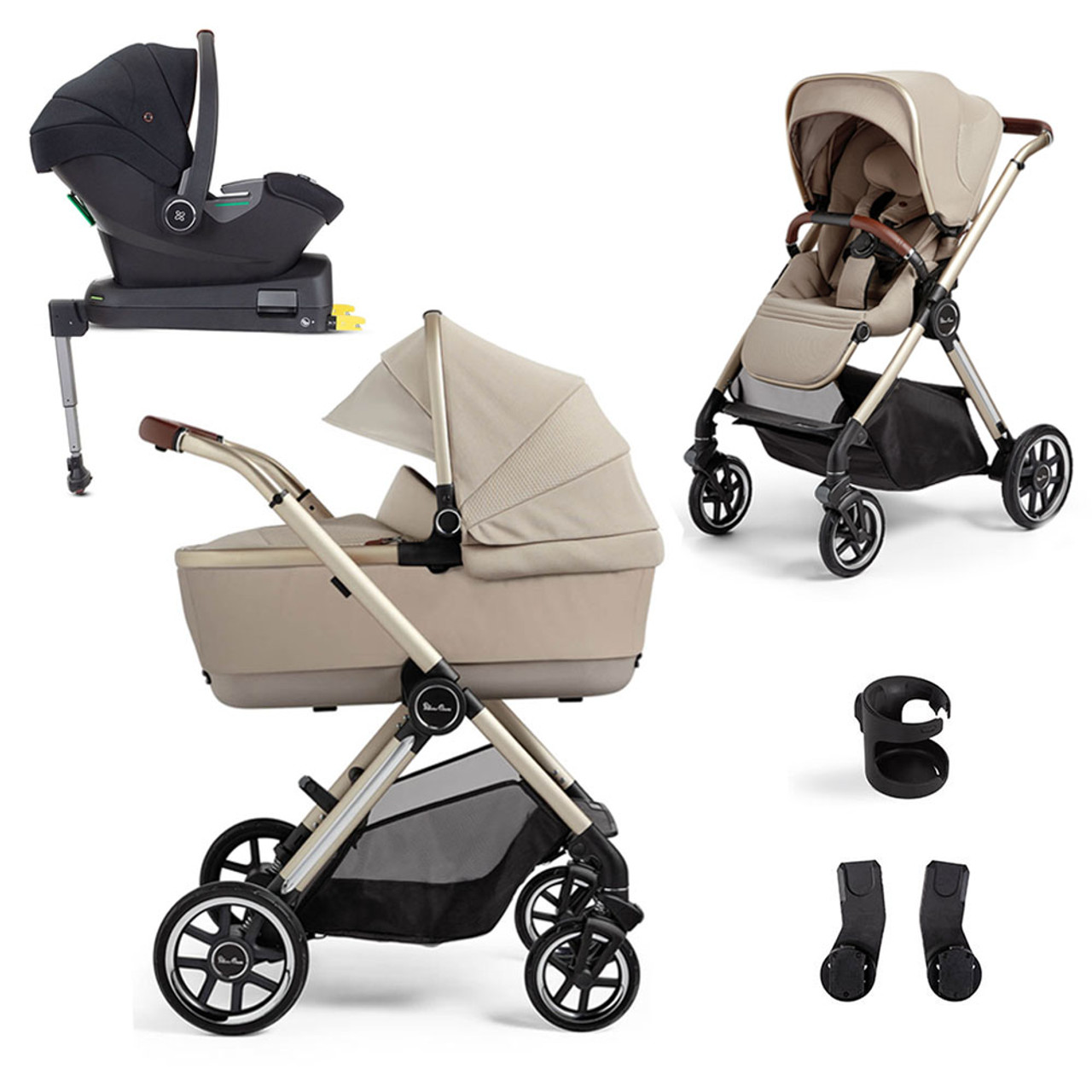 Silver Cross Reef Pushchair and First Bed Folding Carrycot with Travel Pack Stone from Olivers Baby Care