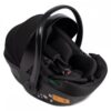 An infant car seat with a padded interior, harness system, and carrying handle for vehicle safety.