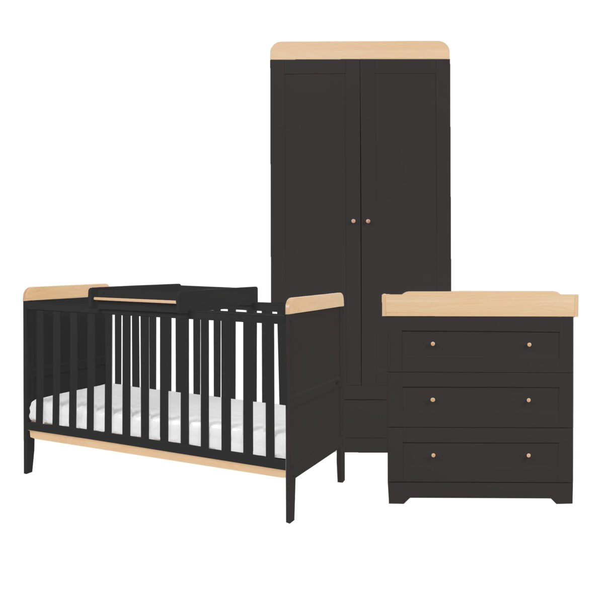 Tutti Bambini 3 Piece Rio Nursery Furniture Room Set with Cot Bed, Changing Unit & Wardrobe - Slate/Honey Oak