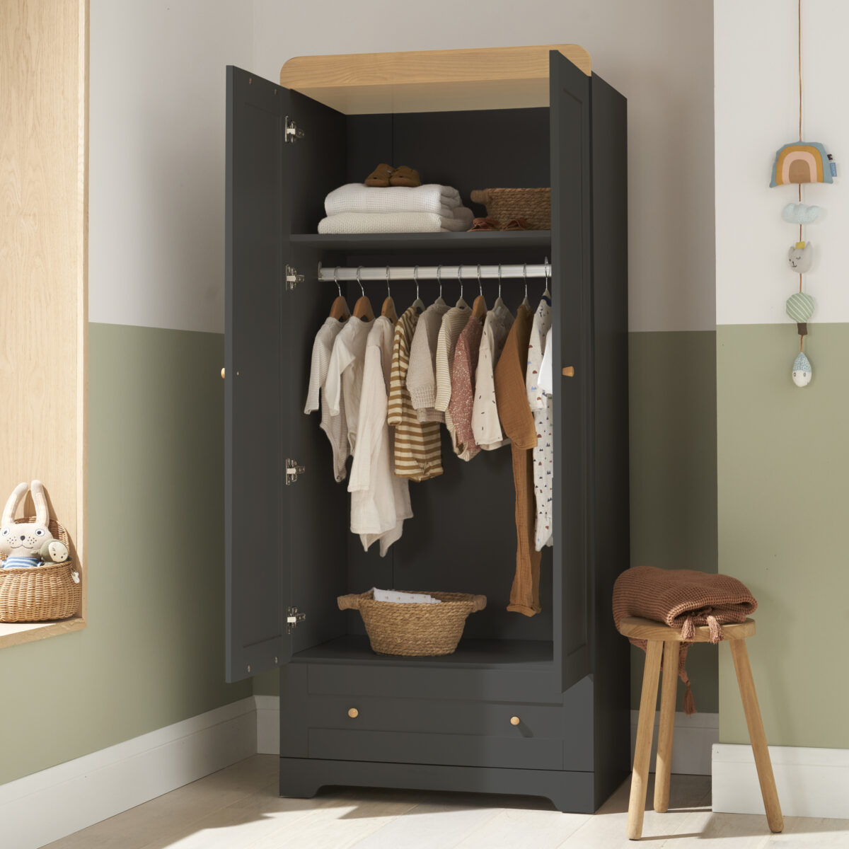 Tutti Bambini 3 Piece Rio Nursery Furniture Room Set with Cot Bed, Changing Unit & Wardrobe - Slate/Honey Oak - Image 7