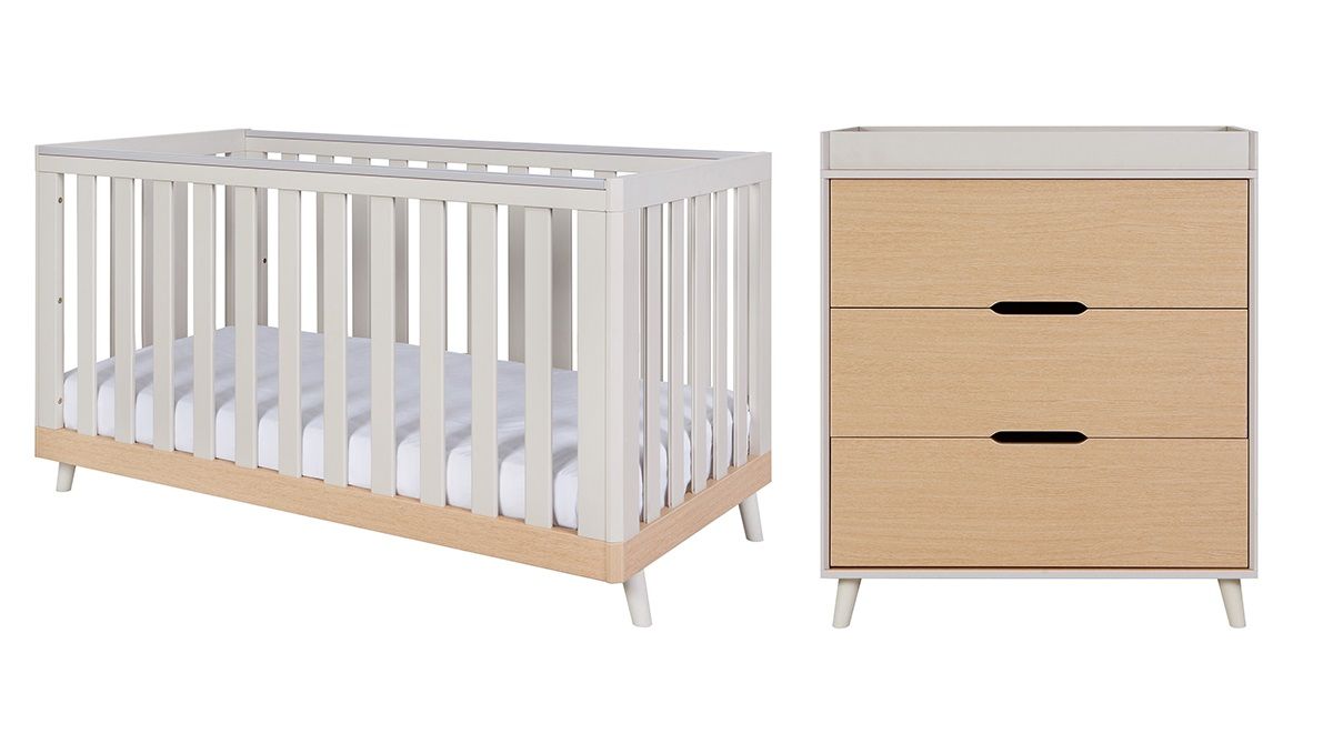 Tutti Bambini Hygge 2 Piece Nursery Furniture Set with Cot Bed & Chest Changer - Light Oak/ White Sand