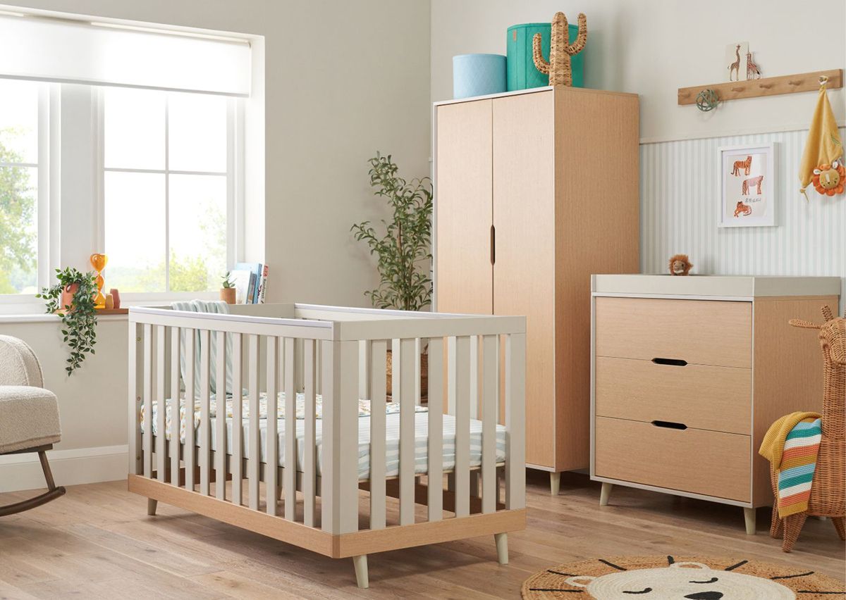 Tutti Bambini Hygge 3 Piece Nursery Furniture Set with Cot Bed, Chest Changer & Wardrobe - Light Oak/ White Sand - Image 2
