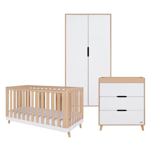 Tutti Bambini Hygge 3 Piece Nursery Furniture Set with Cot Bed, Chest Changer & Wardrobe - White/Light Oak