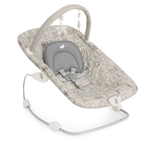 Beige baby bouncer with grey cushion and toy bar featuring hanging stars, shown at a front angle.