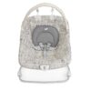 Front-facing view of alphabet-themed baby bouncer with grey cushion and toy bar.