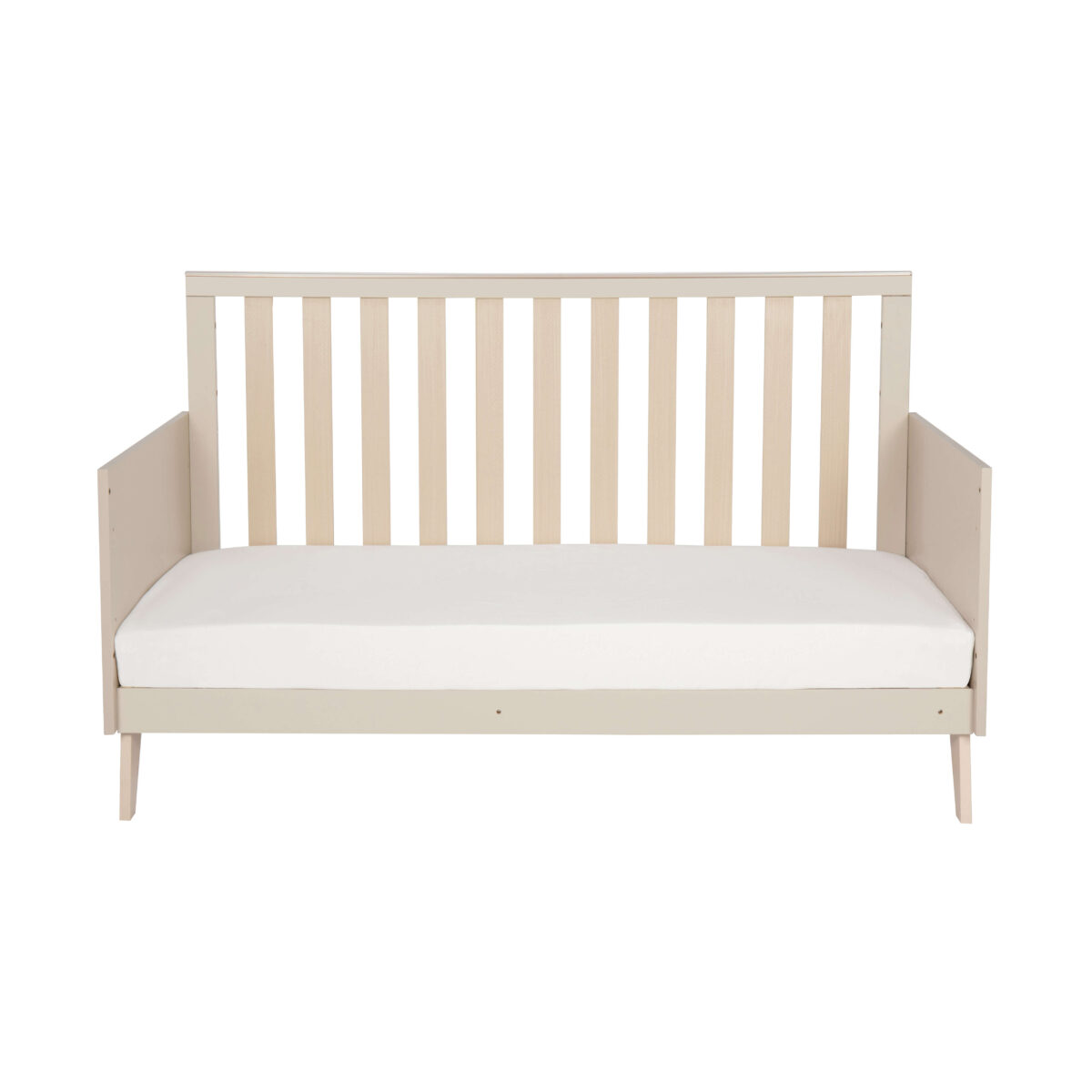 Front-facing studio image of Babymore Dante Cot Bed showcasing its slatted side rails.