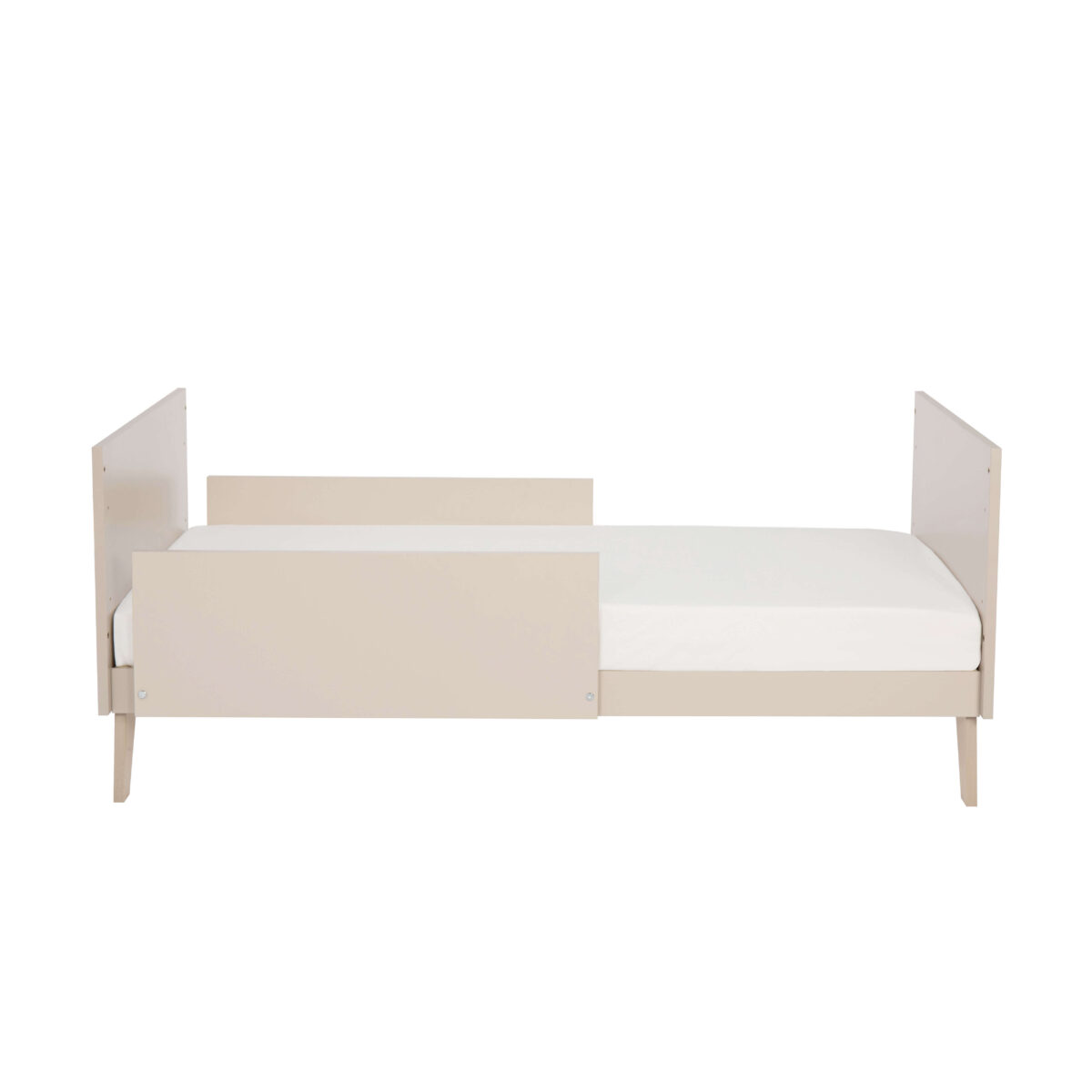 Babymore Dante Cot Bed shown as a toddler bed with side panels and minimal design.