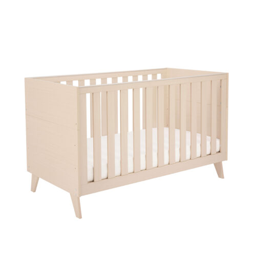 Babymore Dante Cot Bed in toddler bed setup with natural finish and comfy neutral cushions.