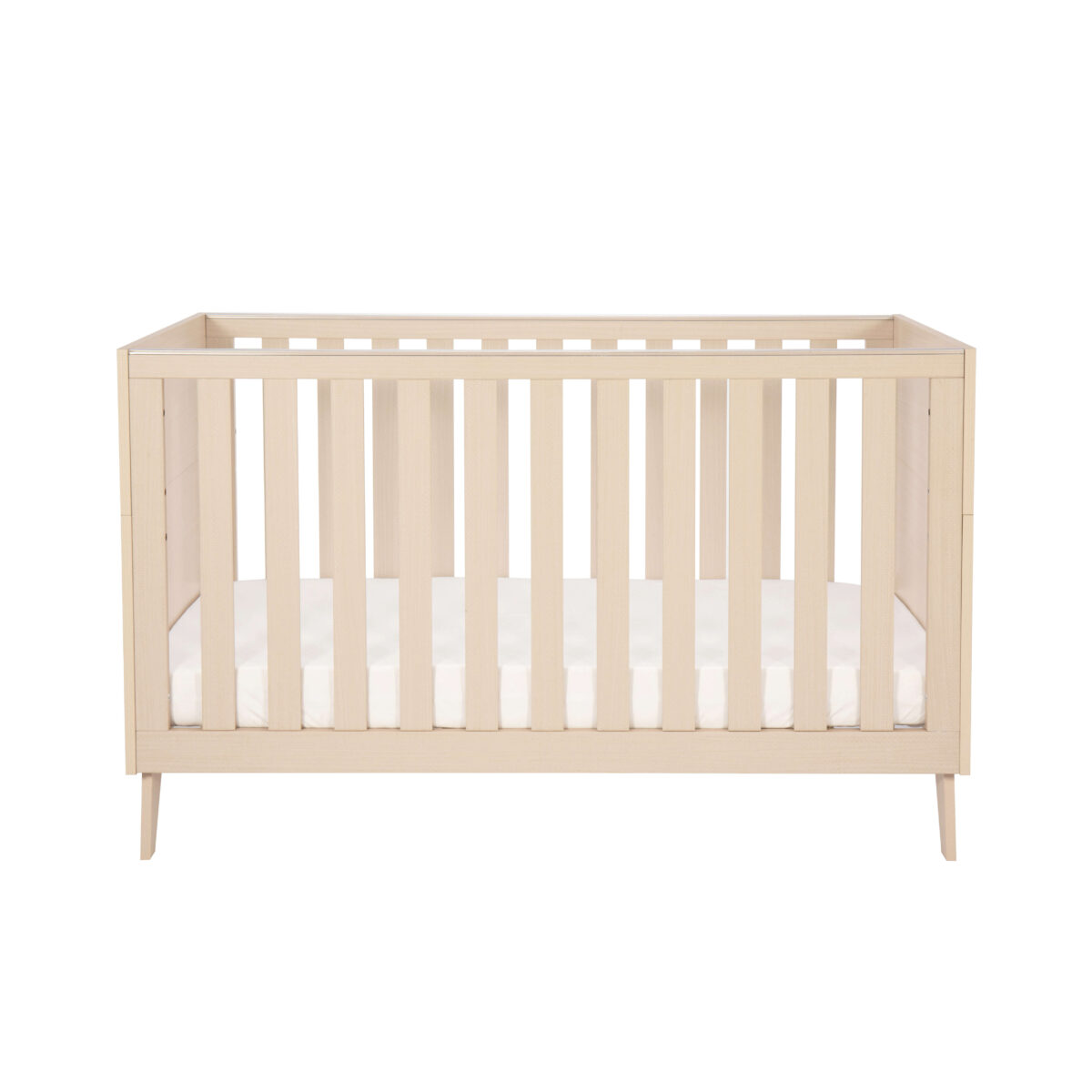 Studio view of Babymore Dante Cot Bed in cot mode featuring clean natural wood finish.