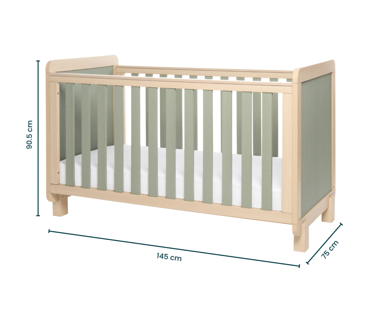 Dimensions Kuba Cot Bed Pickled Oak & Sage Weave