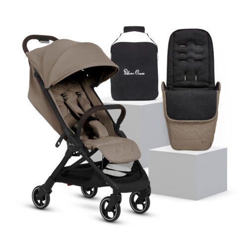 Silver Cross Clic 2 stroller in Cobble color with a matching footmuff and travel bag displayed on a white pedestal. The footmuff features a quilted lower section and a soft, padded interior.