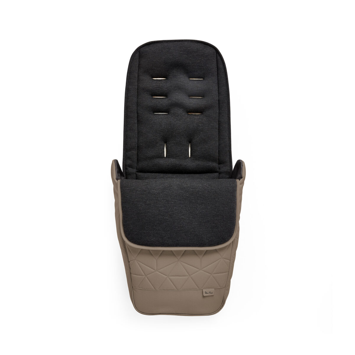 Close-up view of the Silver Cross Clic 2 footmuff in Cobble color, showcasing its soft padded interior, quilted detailing, and harness slots for a secure fit.
