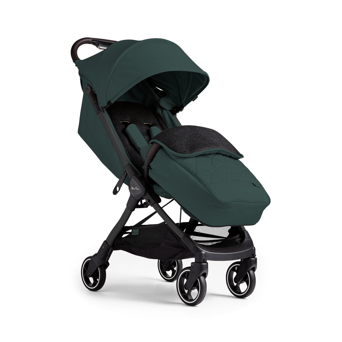 The "Conifer" Silver Cross Clic 2 Stroller fitted with a matching footmuff. The stroller has a soft padded interior, a quilted footmuff design, and brown leather-look handles, offering a stylish and practical solution for colder weather.