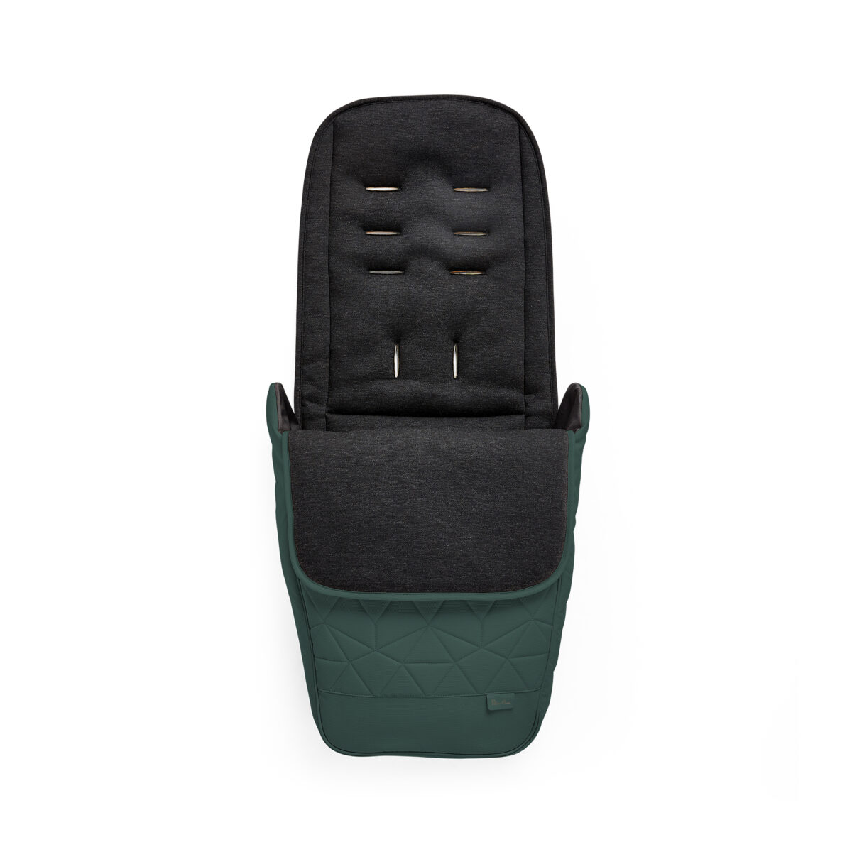 A close-up front view of the "Conifer" footmuff, designed to complement the Silver Cross Clic 2 Stroller. The footmuff features a quilted lower section, a soft padded upper section, and multiple slots for harness adjustment.