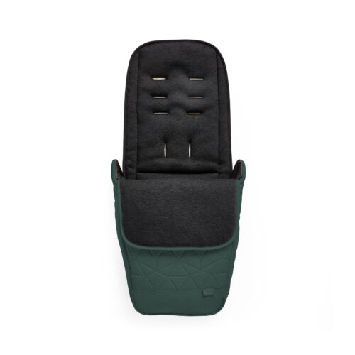 A close-up front view of the "Conifer" footmuff, designed to complement the Silver Cross Clic 2 Stroller. The footmuff features a quilted lower section, a soft padded upper section, and multiple slots for harness adjustment.