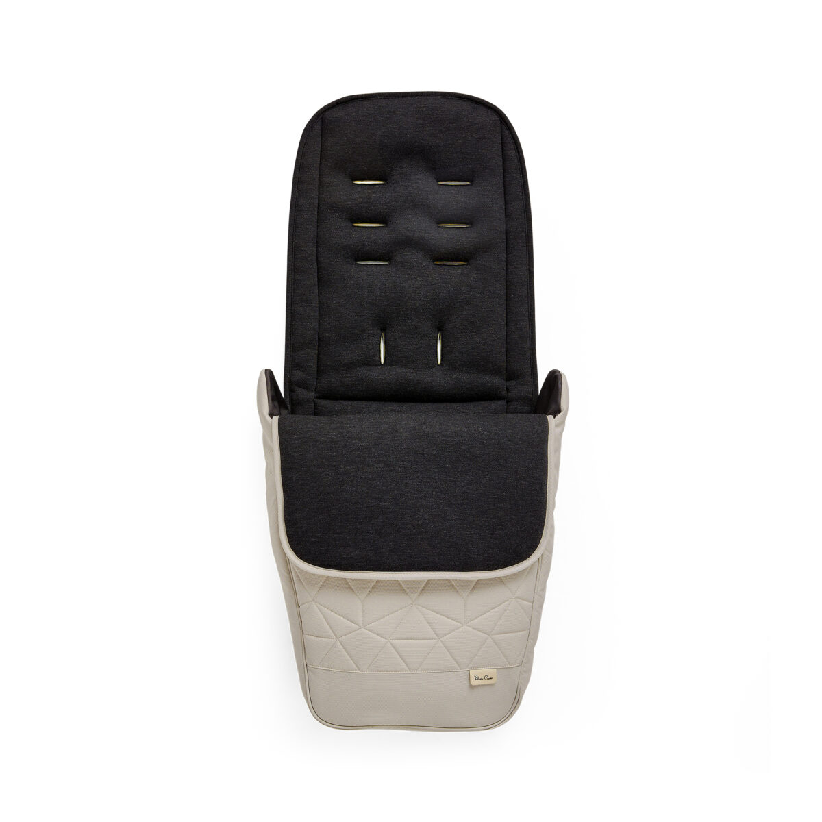 A close-up front view of the "Latte" footmuff, designed to complement the Silver Cross Clic 2 Stroller. The footmuff has a quilted lower section, a soft padded upper section, and multiple slots for harness adjustment.