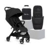 A sleek all-black Silver Cross Clic 2 Stroller displayed alongside a matching footmuff and a travel bag with the 