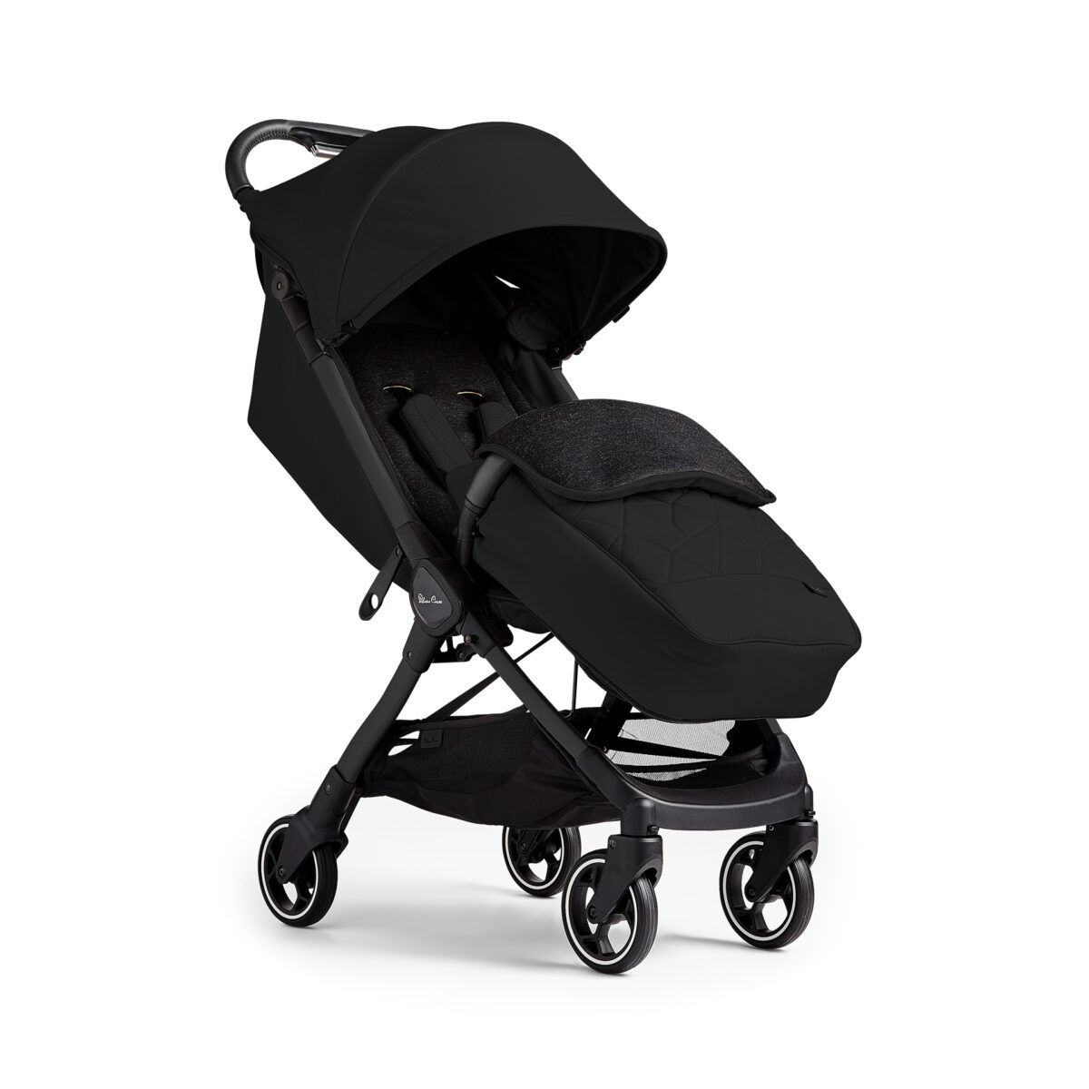A sleek all-black Silver Cross Clic 2 Stroller fitted with a matching footmuff for added warmth and comfort. The stroller features a quilted seat, adjustable canopy, and a secure five-point harness. The footmuff is designed with a padded upper section and a quilted lower section to provide insulation for colder weather.