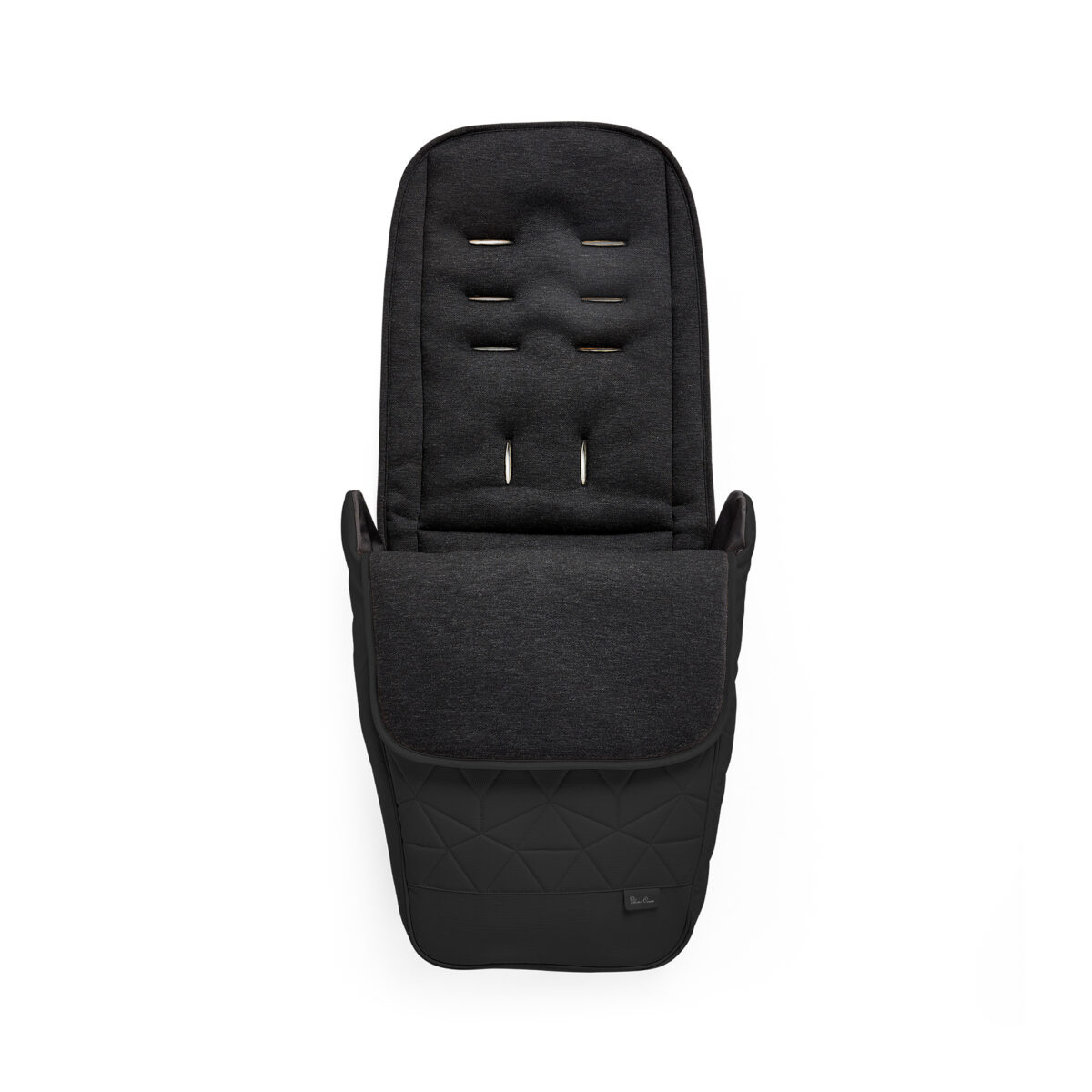 A close-up front view of the black footmuff designed for the Silver Cross Clic 2 Stroller. The footmuff has a quilted lower section, a soft padded upper section, and multiple slots for harness adjustment.