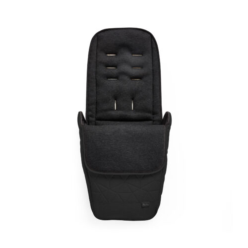 A close-up front view of the black footmuff designed for the Silver Cross Clic 2 Stroller. The footmuff has a quilted lower section, a soft padded upper section, and multiple slots for harness adjustment.