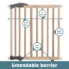 Clippasafe Extendable Dual Fix Wooden Baby Stair Gate showing adjustable width, soft legs & wood finish