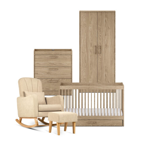 Silver Cross Geneva 4 Piece Nursery Furniture set with cot bed, dresser, wardrobe with Silver Cross Carmel Nursring Chair.