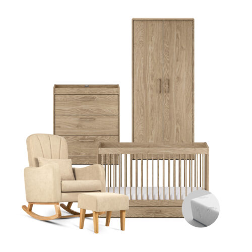 Silver Cross Geneva 5 Piece Nursery Furniture set with cotbed, dresser, wardrobe, Carmel MNursing chair & Mattress