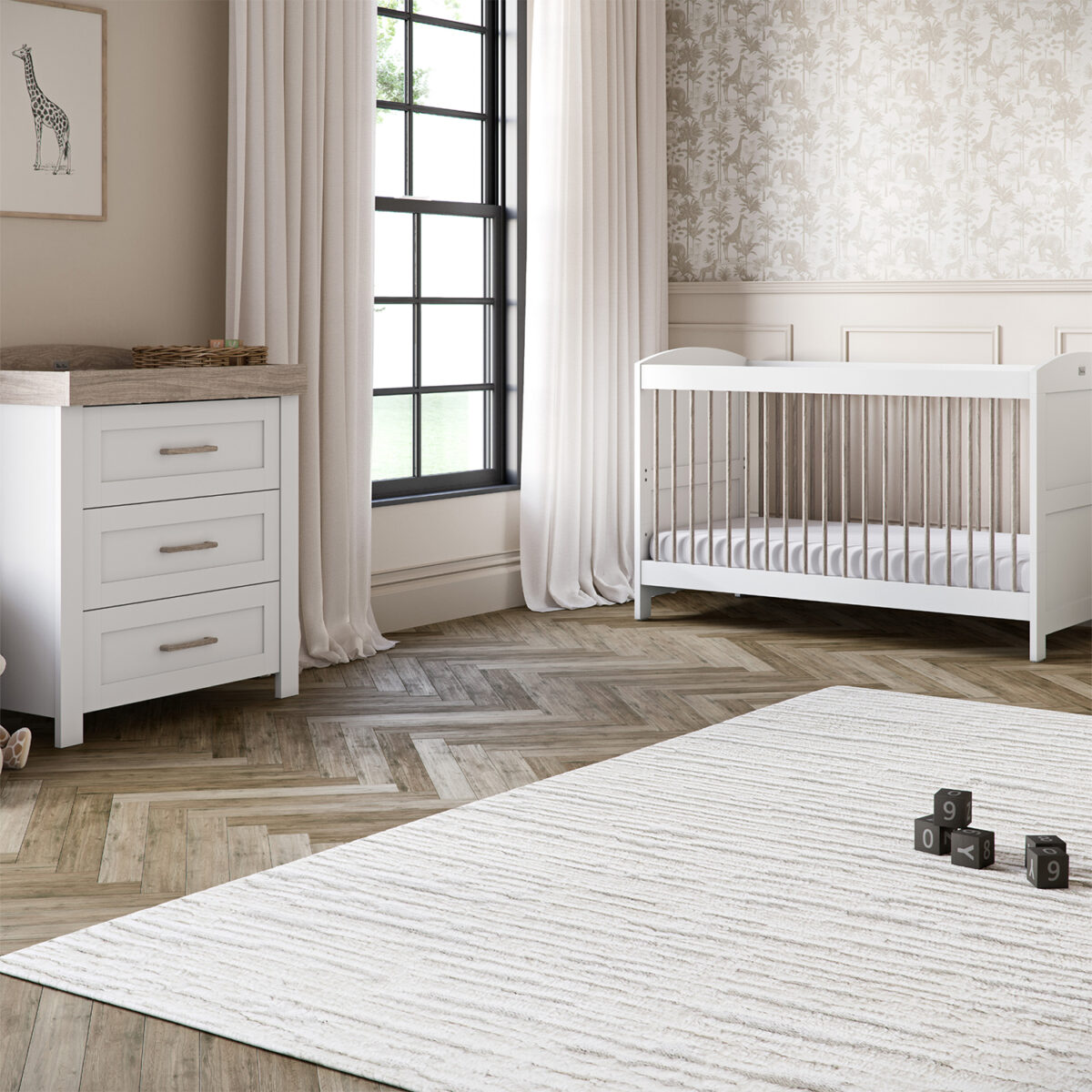 A nuresery featuring Silver Cross Valencia Cot Bed & Dresser Nursery Furniture Set – White & Natural Ash