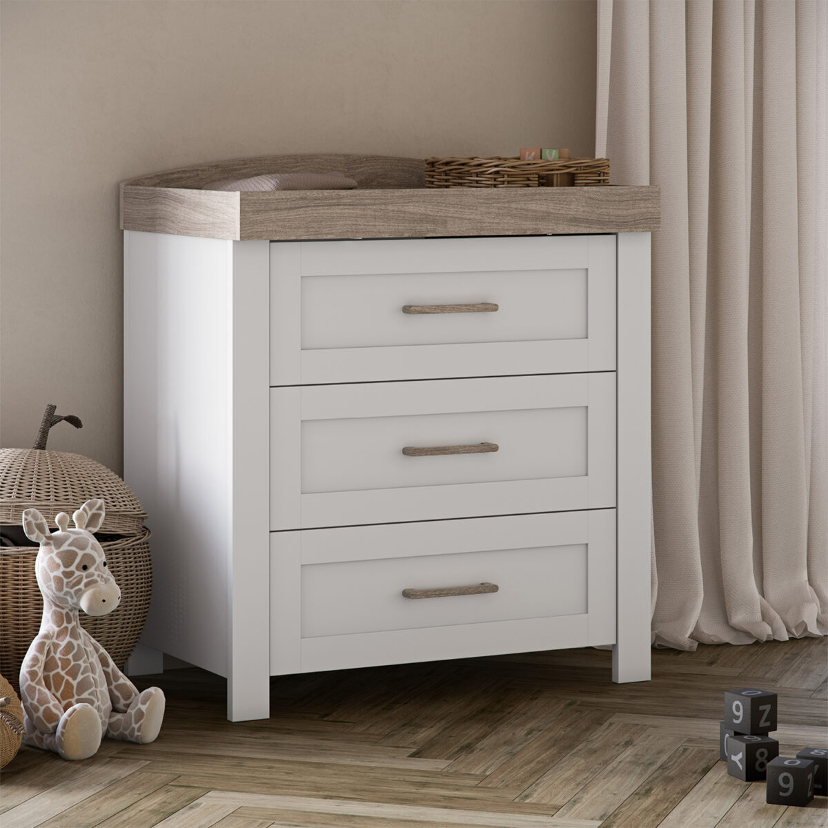 A Nursery featuring the Silver Cross Valencia Dresser in White & Natural Ash