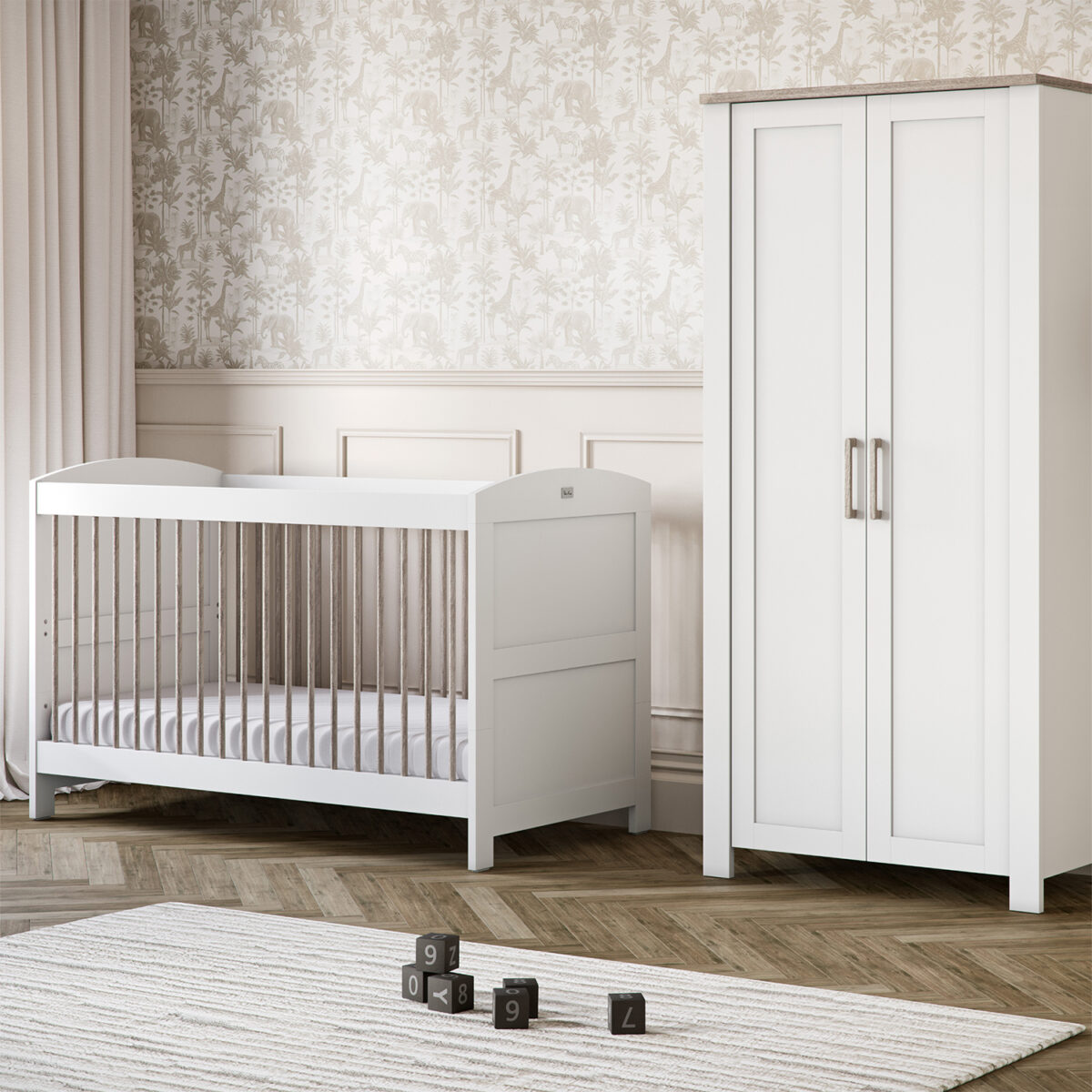 Silver Cross Valencia Dresser & Wardrobe Nursery Furniture Set – White & Natural Ash in a nursery room.