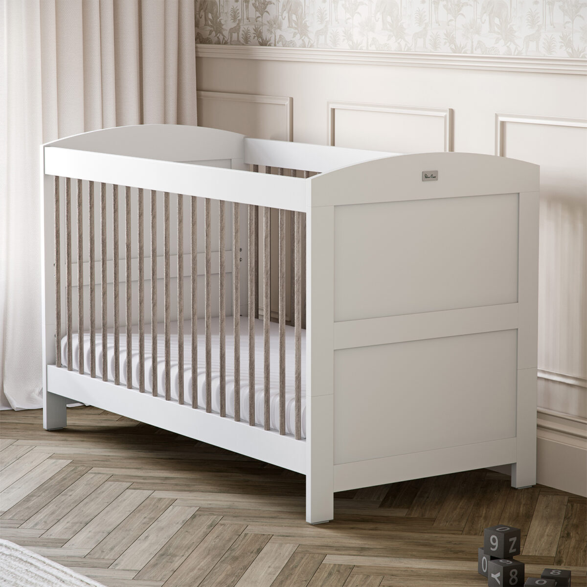 Nursery room featuring a Silver Cross Valencia Cot Bed in White & Natural Ash
