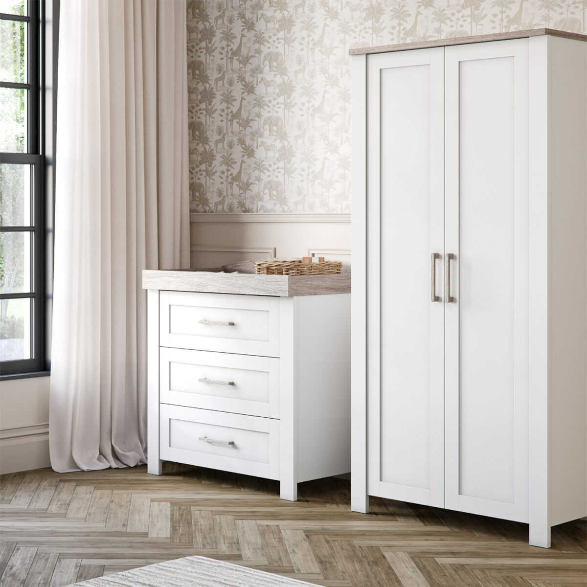 A nursery room with a Silver Cross Valencia Dresser & Wardrobe Nursery Furniture Set – White & Natural Ash