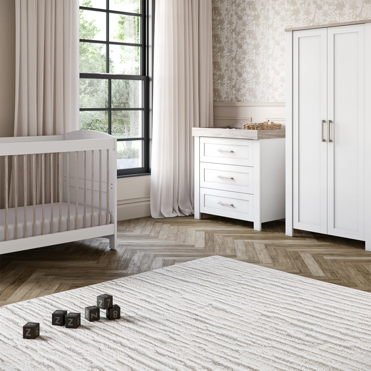Silver Cross Valencia 3 Piece Nursery Furniture Room Set - White & Natural Ash featured in a well designed nursery room.