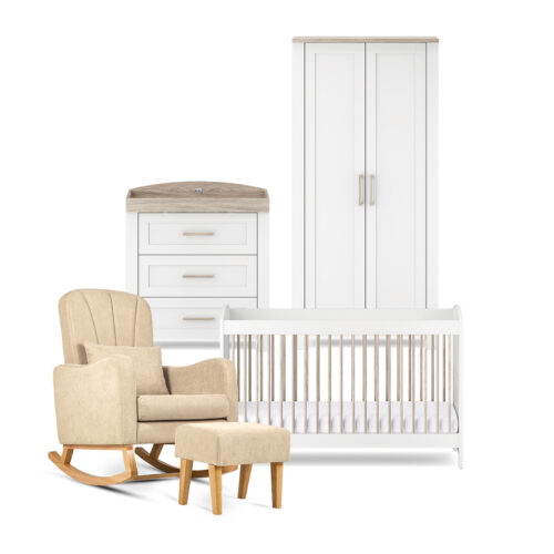 Silver Cross Valencia 4 Piece Nursery Furniture Set with Carmel Nursing Chair - White & Natural Ash